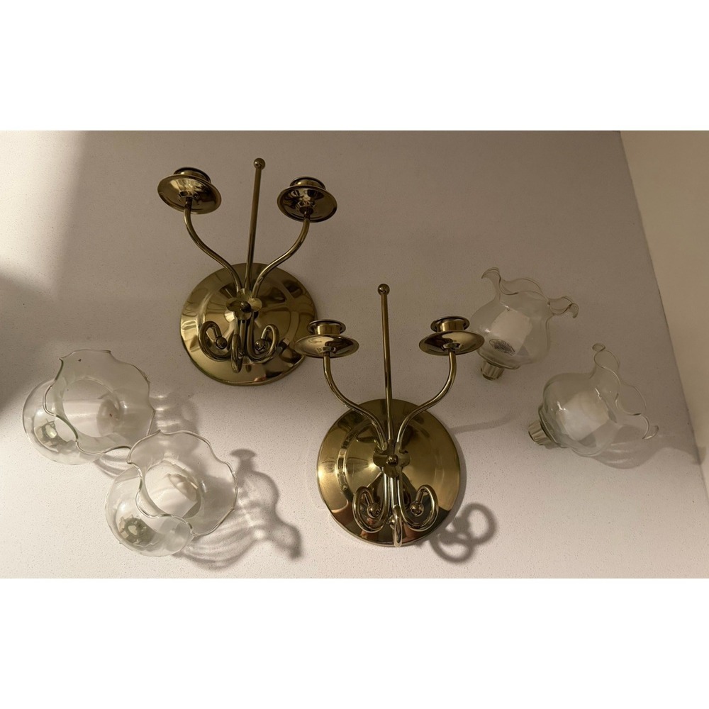 Pair Brass Wall Sconces Candle Holder Double Arm Vintage Flower Décor Made USA